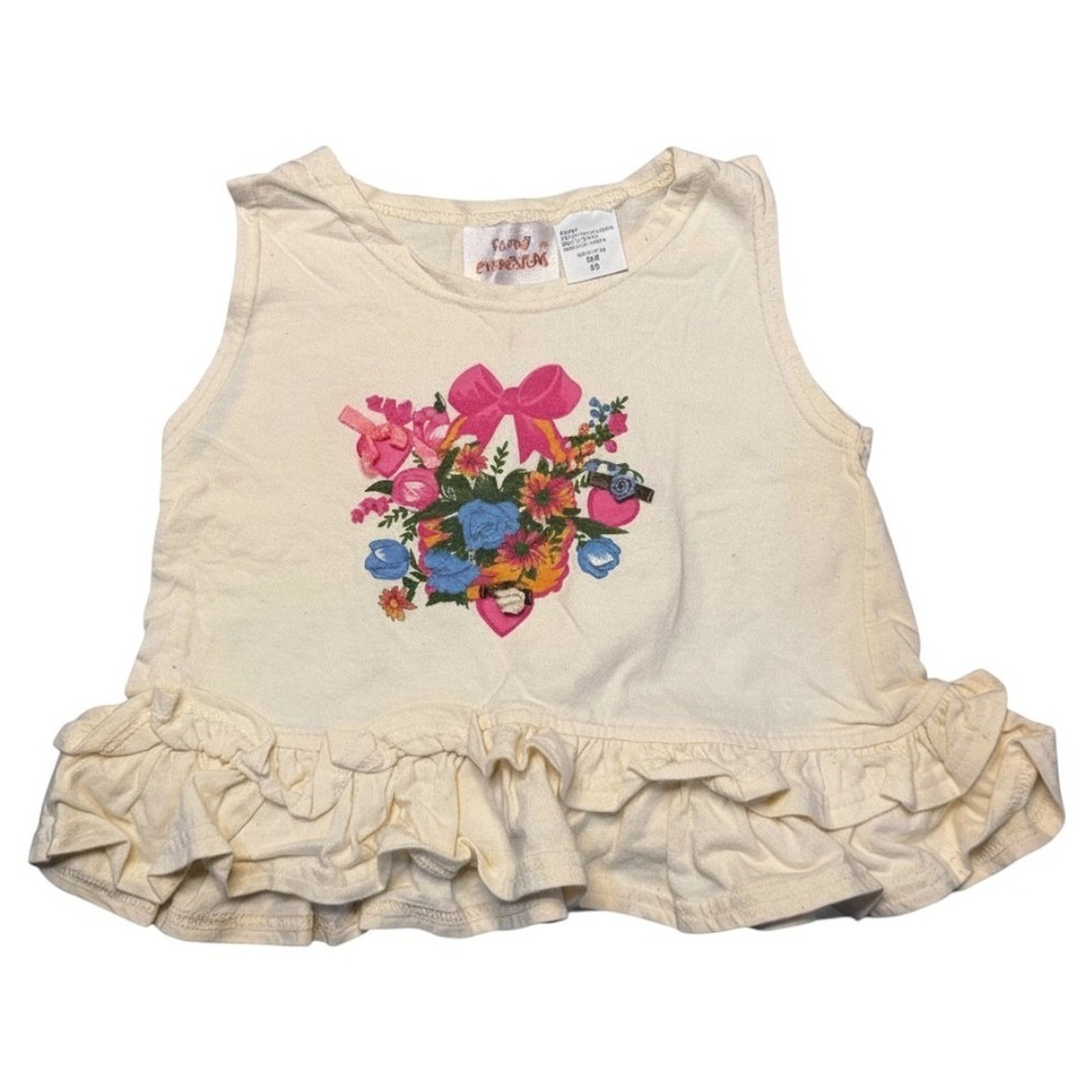 VTG Funny Expressions Ruffle Tank Top Cream Floral Bow Applique Girls 5/6